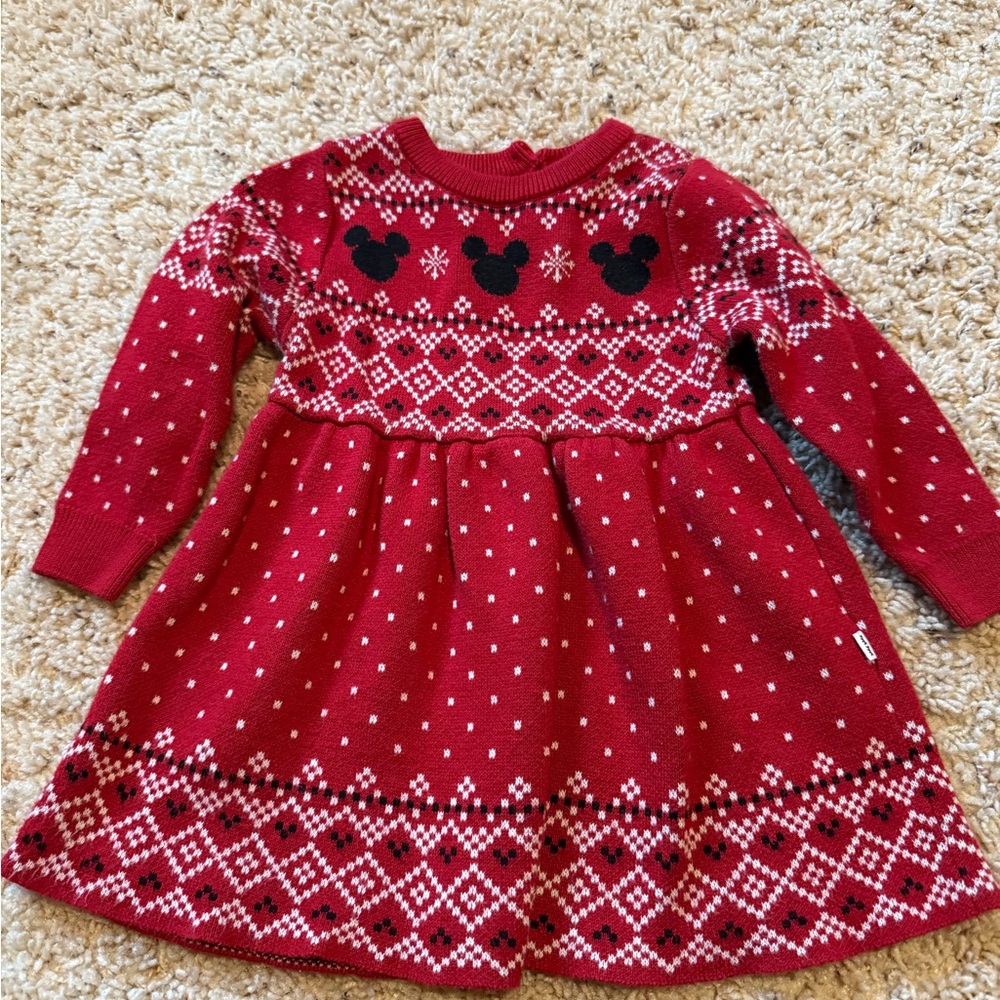 Little Sleepies Red Knit Fair Isle Dress with Black Mickey Silhouettes